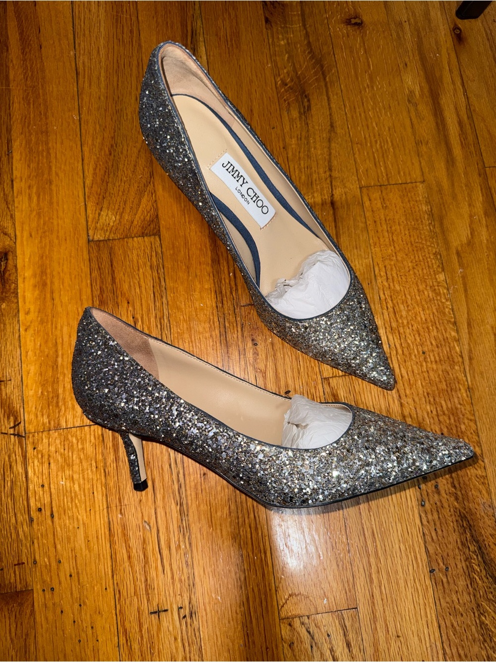 Jimmy Choo Silver Glitter Pointed Toe Pumps